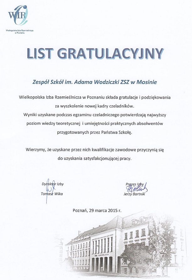 Iist Gratulacyjny dla Zespołu Szkół im. Adama Wodziczki w Mosinie